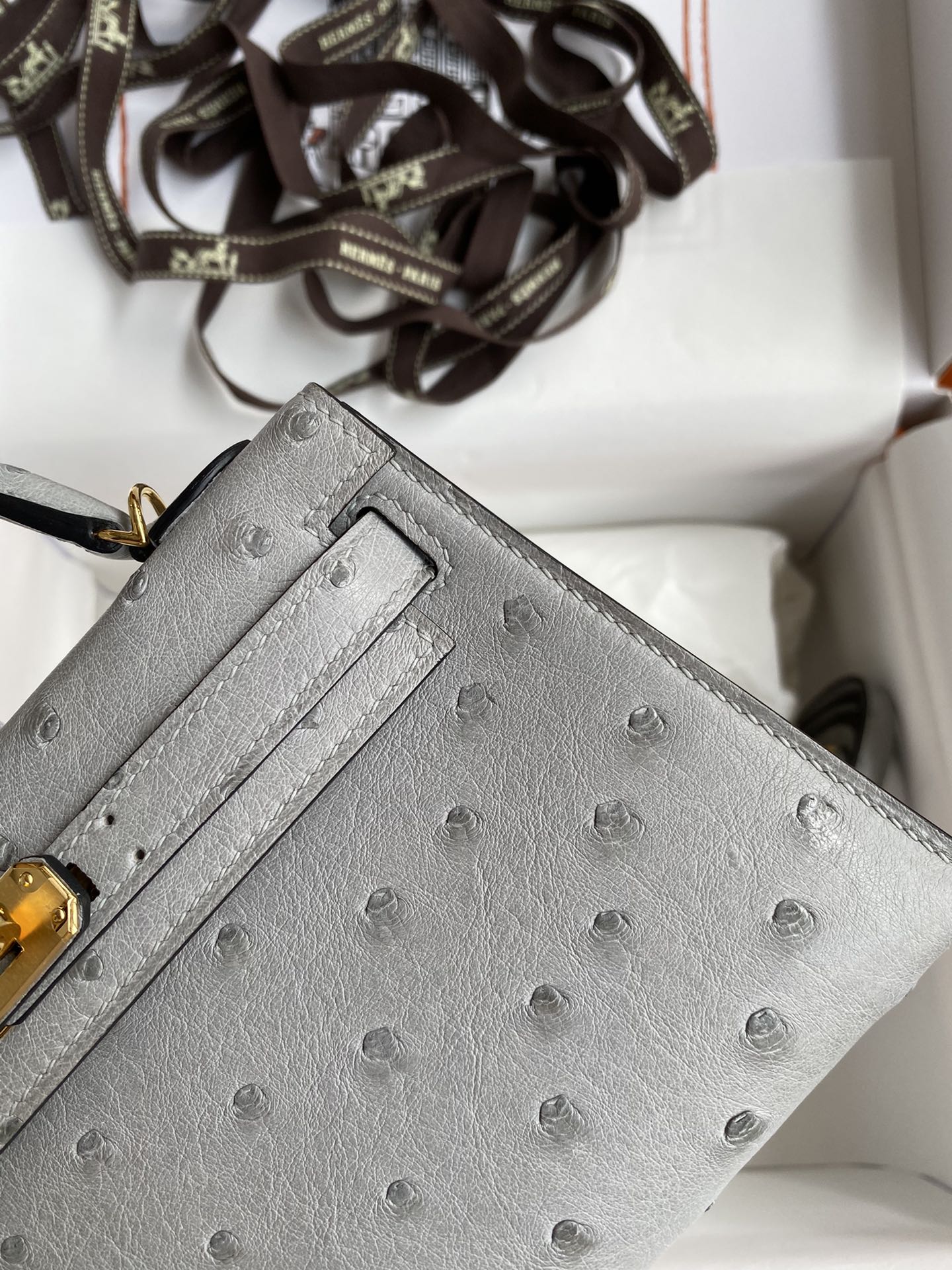 Hermes Kelly Mini II Bag 19CM In Grey Ostrich Leather